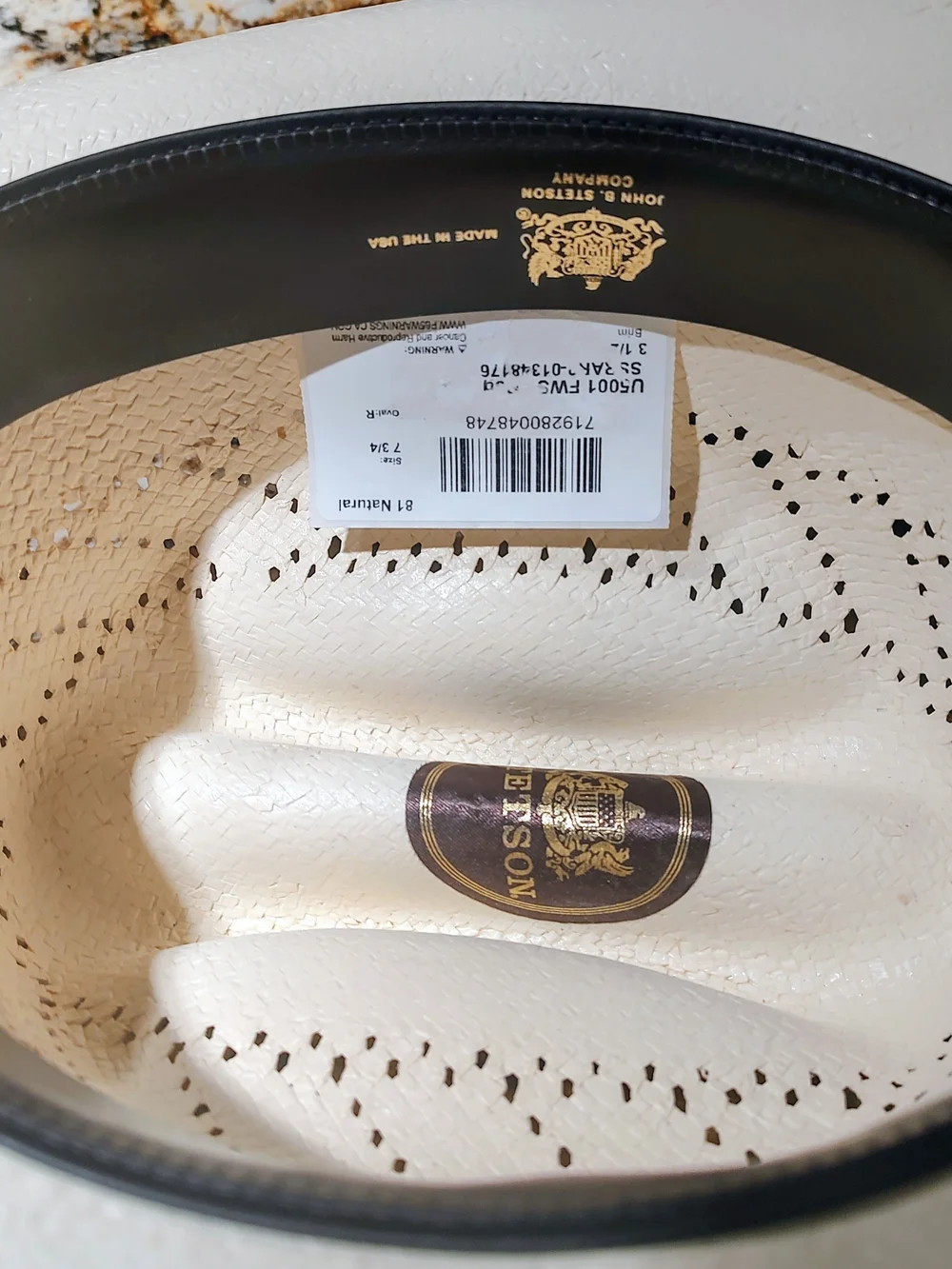 Stetson Natural Straw Cowboy Hat with Black Band. 6X size 7 3/4 NWT
